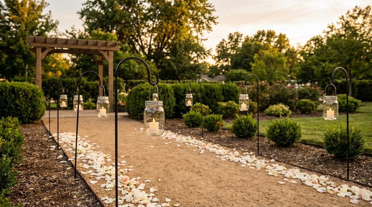 A decorative setup featuring metal shepherd hooks placed along a wedding aisle, supporting hanging mason jar lanterns with tea lights or battery-operated candles. Ideal for golden hour and evening ceremonies, with hooks spaced 5-6 feet apart to create a rhythmic pattern. The jars sway gently in the wind, adding kinetic interest, and are complemented by scattered flower petals for layered decor.