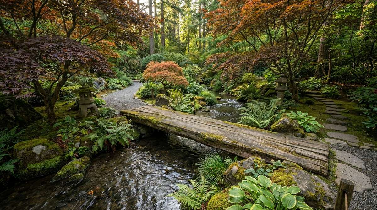 A rustic single log bridge crossing a stream in a Japanese garden, made from a substantial cedar log with flattened top surface, surrounded by naturalistic planting and evoking ancient forest pathways.