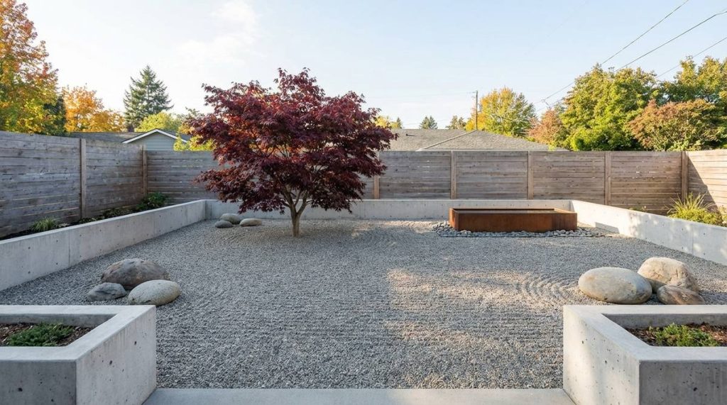 A minimalist garden aesthetic featuring a sculptural Japanese maple tree as a focal point in an expansive gravel bed, with negative space used as an active design element to emphasize disciplined editing and restraint.