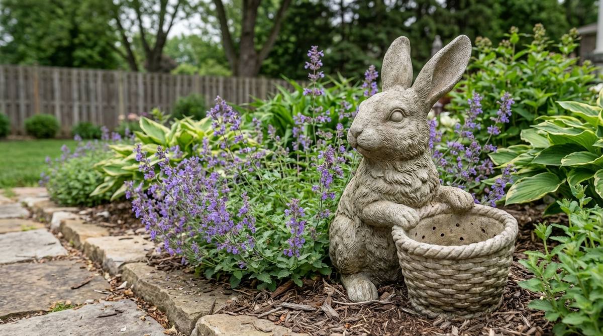 A charming garden decor rabbit statue holding a basket, perfect for creating a cottage garden atmosphere. Made from durable stone or resin with realistic fur texture and alert ears, designed to be partially hidden among plants like catmint for a natural look. Features weather-resistant finishes and proper drainage for year-round outdoor use.