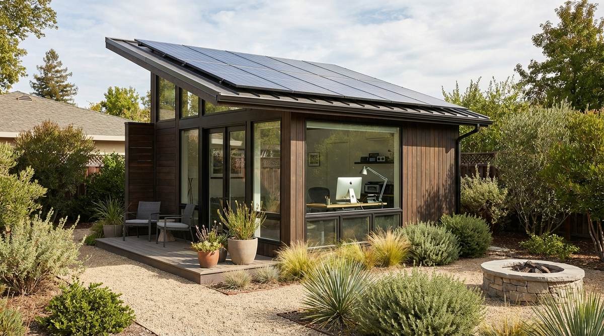 A modern garden shed with roof-mounted solar panels, generating electricity for lighting, climate control, and electronics, showcasing an off-grid workspace with south-facing orientation for optimal energy capture.