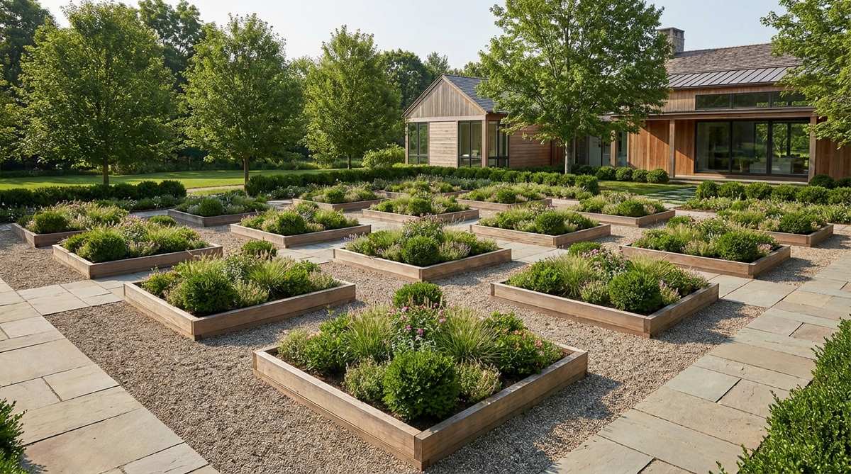 A modern garden design featuring multiple square planting beds arranged in a precise grid formation, creating rhythmic geometric patterns. Each square bed contains identical plantings for visual cohesion, with evenly spaced pathways between beds for maintenance access. The squares are dimensioned at 4x4 feet or 5x5 feet for practical planting areas, showcasing a contemporary approach to garden layout and organization.