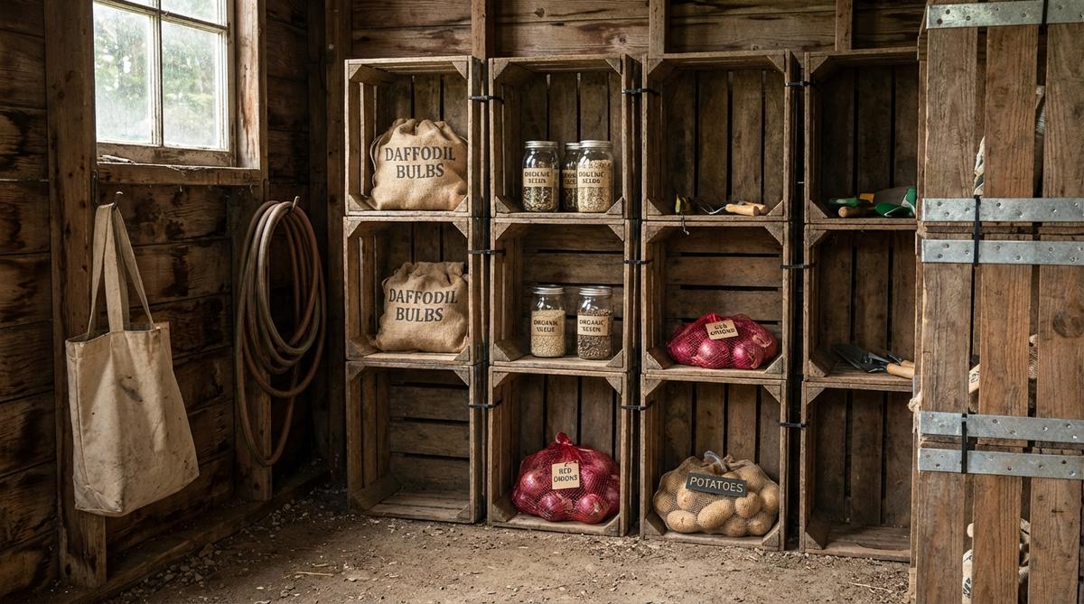 A rustic DIY storage solution using stacked wooden crates to create modular columns in a small garden shed. The open design provides ventilation and visibility for storing bulbs, seeds, or produce, secured with metal brackets or zip ties for stability.