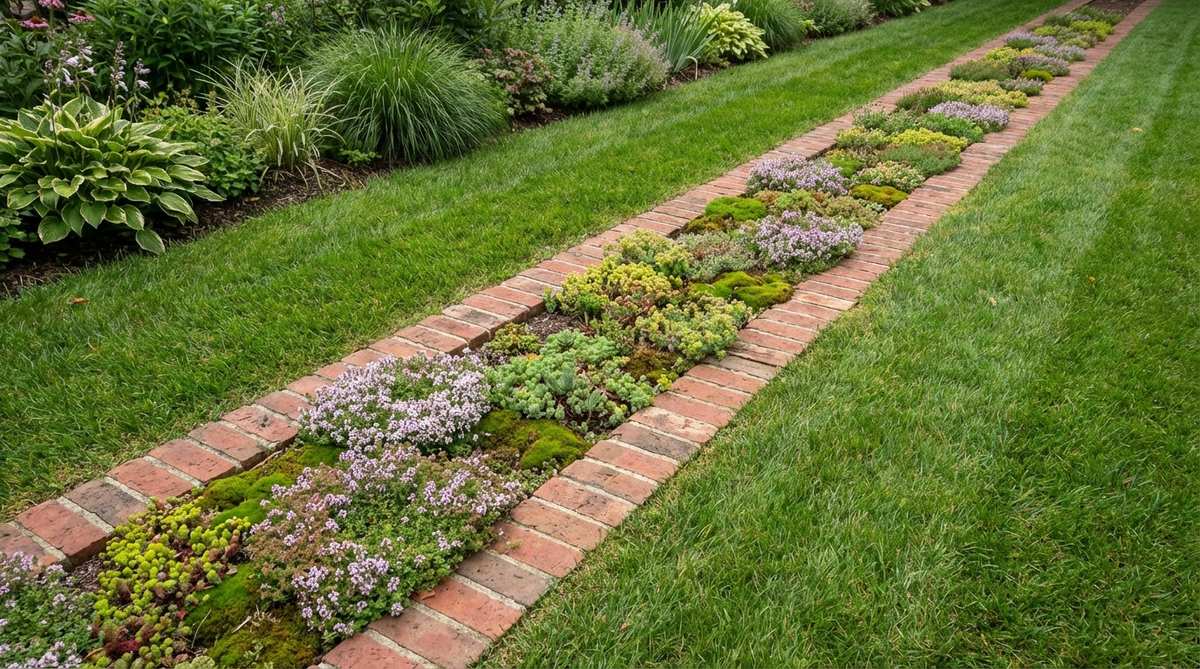 A garden border design featuring two parallel brick rows creating a planted channel between lawn and garden beds, filled with creeping thyme, sedum, or moss to soften the hardscape and control grass runners.