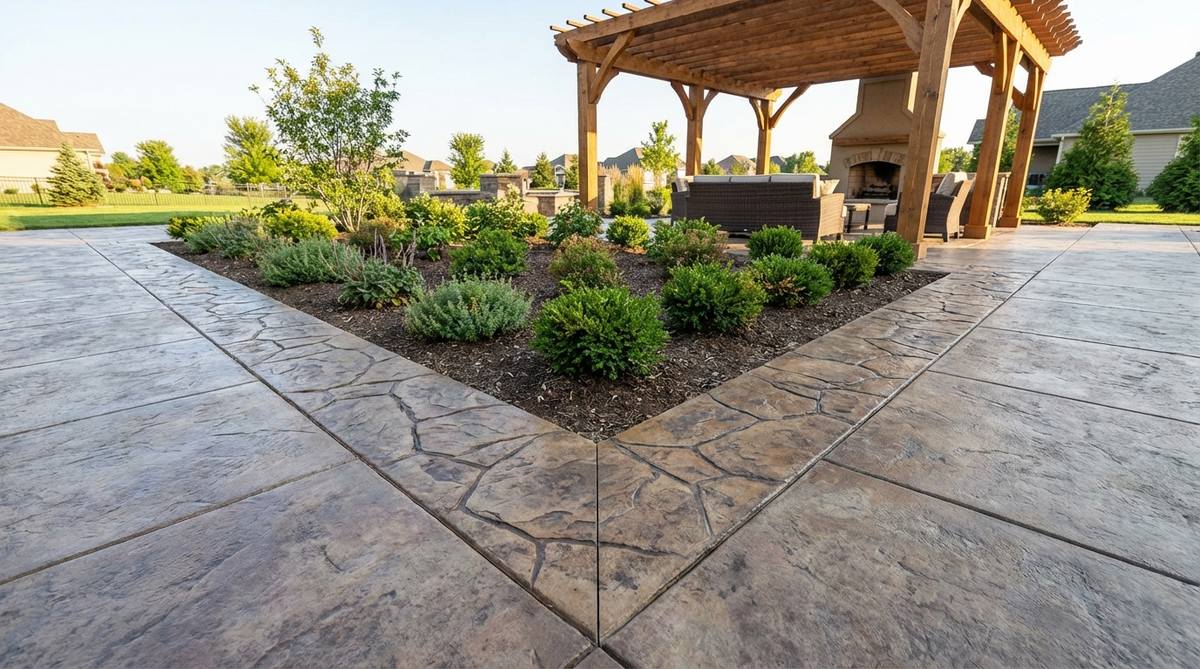 A stamped concrete border with faux stone texture, showing realistic flagstone patterns imprinted into concrete. The border frames a garden or patio area, demonstrating how color hardeners and antiquing stains create an authentic stone appearance. The seamless surface prevents weed growth while providing a cost-effective alternative to natural stone.