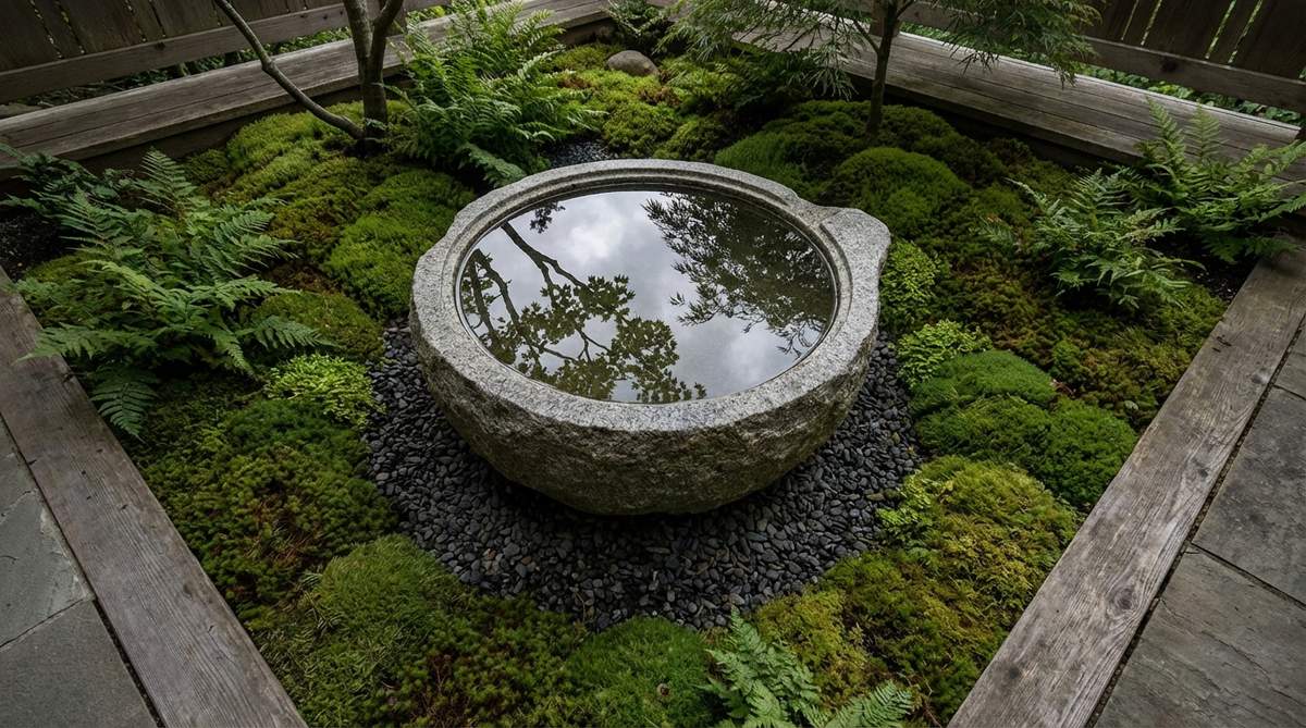 A carved granite basin placed on a gravel bed, surrounded by lush live moss varieties in a Japanese balcony garden. The still water surface creates mirror-like reflections of the sky and overhanging foliage, with the moss requiring shade and consistent moisture away from direct afternoon sun.
