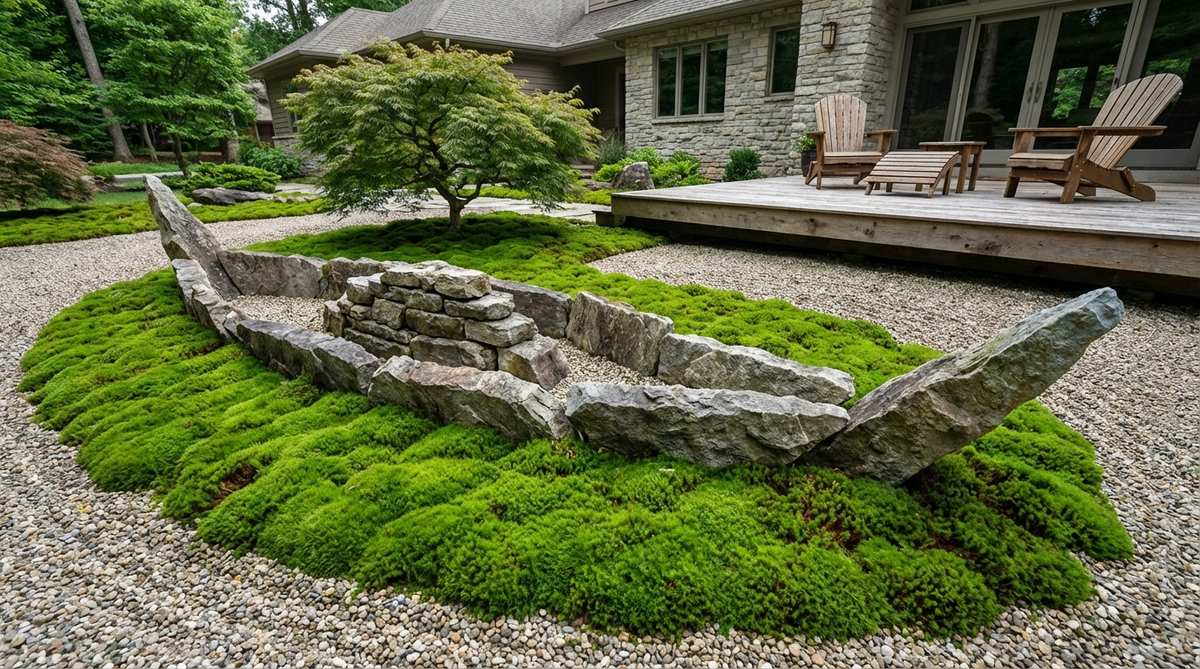 A Japanese stone garden design featuring an elongated arrangement of rocks shaped like a boat, floating in a sea of green osugi-goke moss. The stones are positioned with pointed ends and a raised center to form a hull, creating a whimsical and philosophical metaphor for life's journey across uncertain waters.