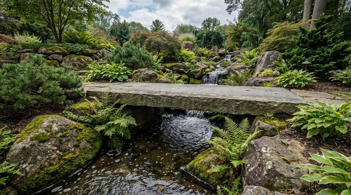 A natural stone slab bridge crossing a narrow stream in a mini garden, made from thick granite, bluestone, or sandstone, showcasing timeless simplicity and seamless integration with rock gardens and water features.