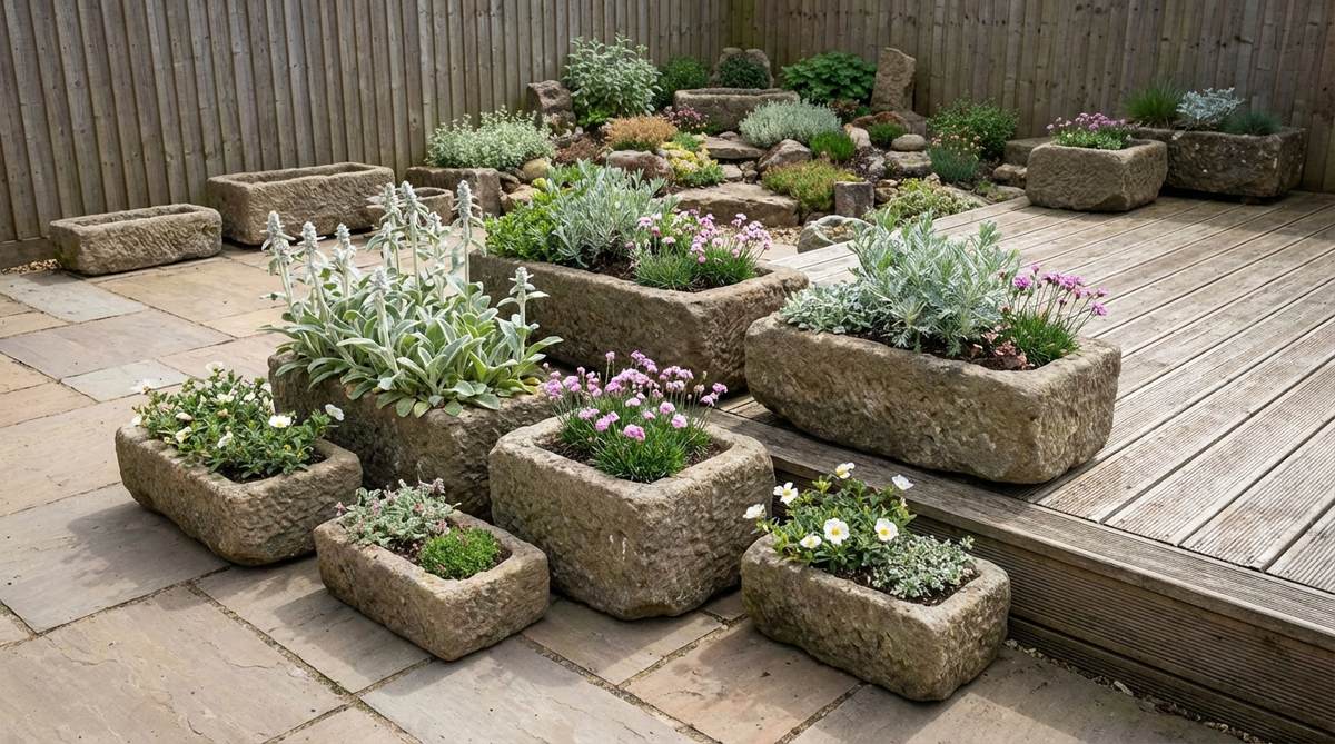 A curated collection of natural stone troughs in varying sizes, arranged on a patio or deck, each planted with different alpine-themed plants such as lamb's ears, artemisia, alpine pinks, and rock roses, showcasing varied heights and textures for visual interest in a small garden rockery.