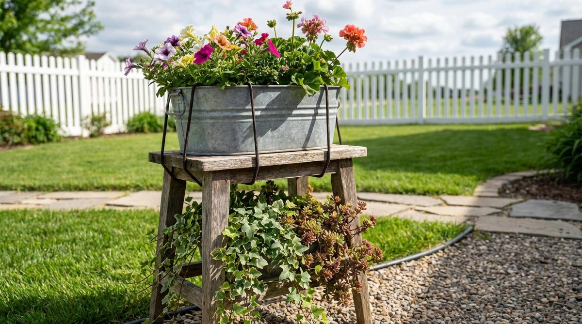 A vintage stool or plant stand elevating a single garden tub to eye level, with blooms receiving maximum attention. The lifted position improves drainage and air circulation around root zones, secured with wire or bungee cords to prevent wind displacement. The open base allows weeping varieties to drape naturally, with elevated containers warming faster in spring to extend the growing season.