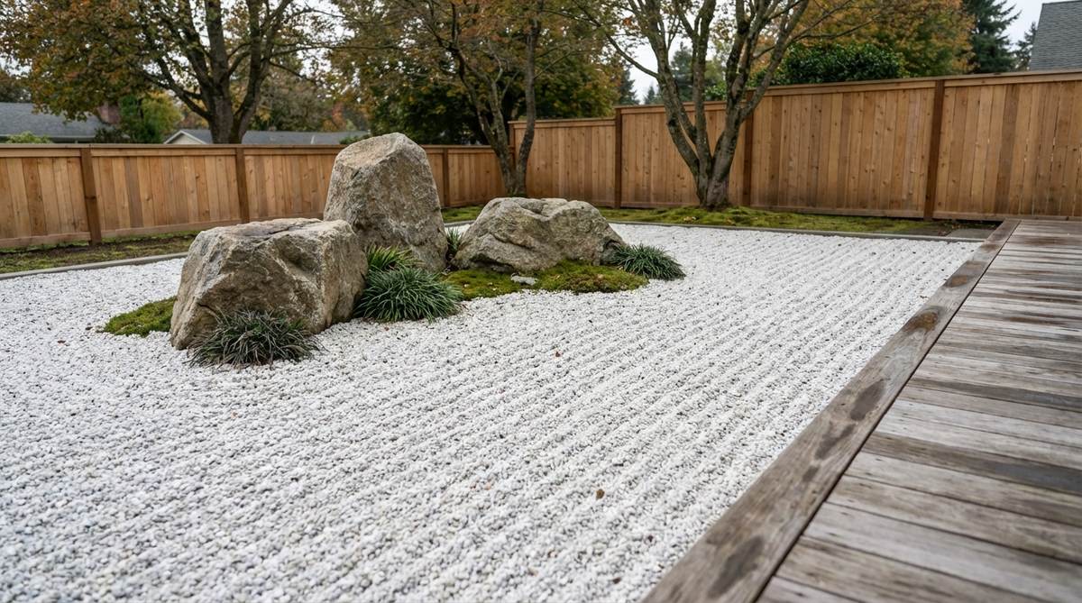 A minimalist Japanese garden stone arrangement featuring perfectly straight, parallel lines raked through white crushed granite, symbolizing still water or emptiness. The lines run perpendicular to the main viewing angle for maximum visual impact, creating a contemplative pattern ideal for zen meditation gardens.