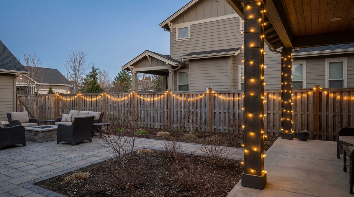 Warm white LED string lights wrapped around porch columns or along fence lines, providing subtle illumination suitable for winter and early spring outdoor decor. Commercial-grade strands with sealed bulb sockets are shown installed at 6-inch intervals for even light distribution.