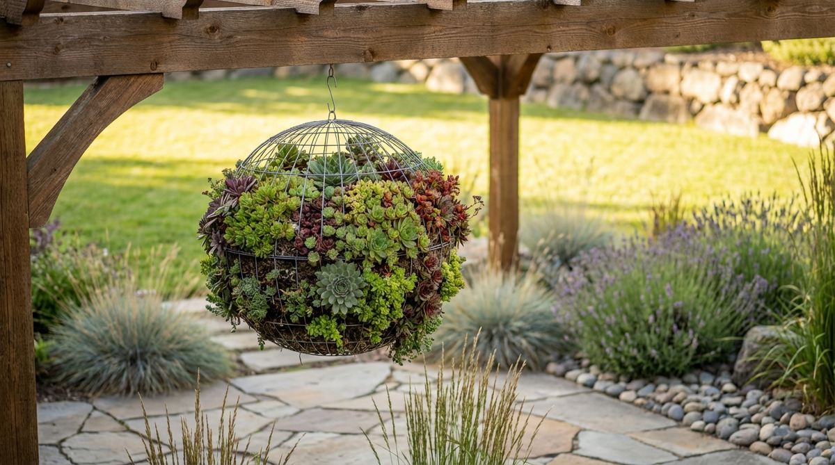 A hanging wire topiary sphere planted with sedums and sempervivums, showcasing a sculptural garden decor piece that is drought-tolerant and requires minimal maintenance.