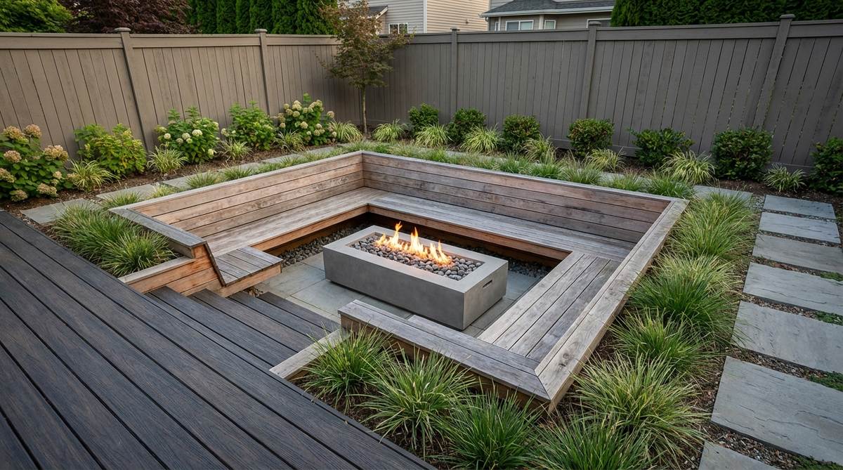 A sunken seating pit in a small garden, featuring a lowered decking area with built-in benches and a central fire feature, ideal for creating an intimate conversation space.