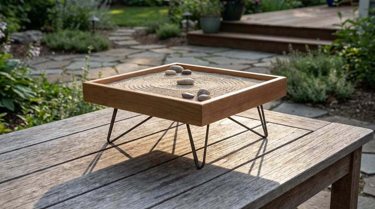 An 8-inch square tray elevated by wire legs, floating 2 inches above a desk surface, creating visual lightness and shadow patterns. This minimalist design prevents sand spillage during raking and symbolizes rising above daily stressors in a mini zen garden.