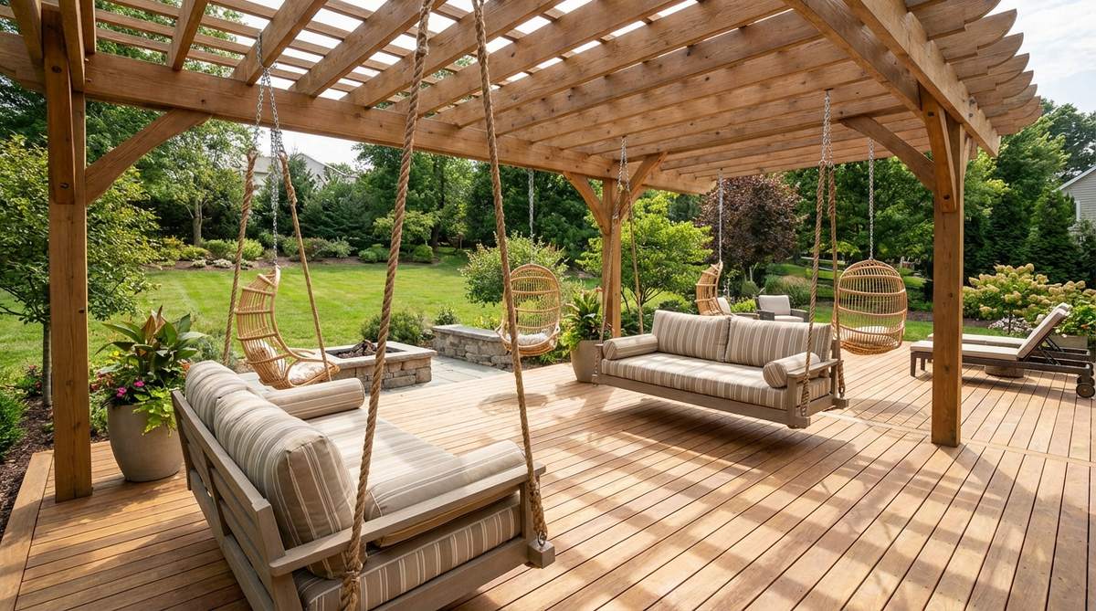 Suspended swing beds and hanging chairs with marine-grade hardware and cushioned platforms, mounted on pergola beams or support posts to create playful movement and resort-like atmosphere in outdoor deck spaces.