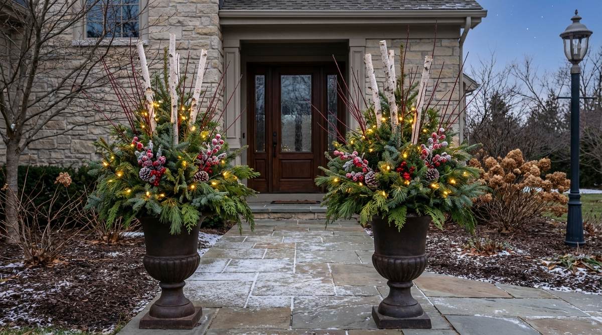 A pair of matching planters flanking a doorway, filled with evergreen arrangements, birch branches, and decorative Christmas picks. The symmetrical design features layered textures with mixed evergreen varieties, red twig dogwood, and white birch, enhanced with battery-operated lights for evening ambiance. This traditional outdoor decor provides seasonal color and balanced elegance for holiday entryways.