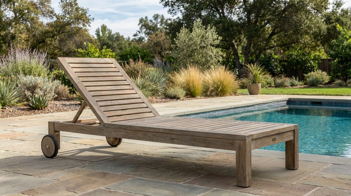 A minimalist teak chaise lounge with adjustable back, slatted construction for water drainage, and integrated wheels for easy repositioning, perfect for poolside relaxation in a garden setting.