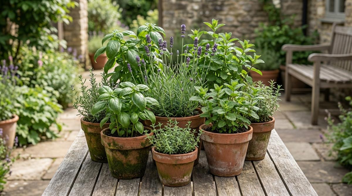 A rustic garden party centerpiece featuring clustered aged terracotta pots in varying sizes from 4 to 8 inches, filled with culinary herbs including basil, lavender, and mint. The organic arrangement creates a living decoration that doubles as an ingredient source for cocktails and garnishes.