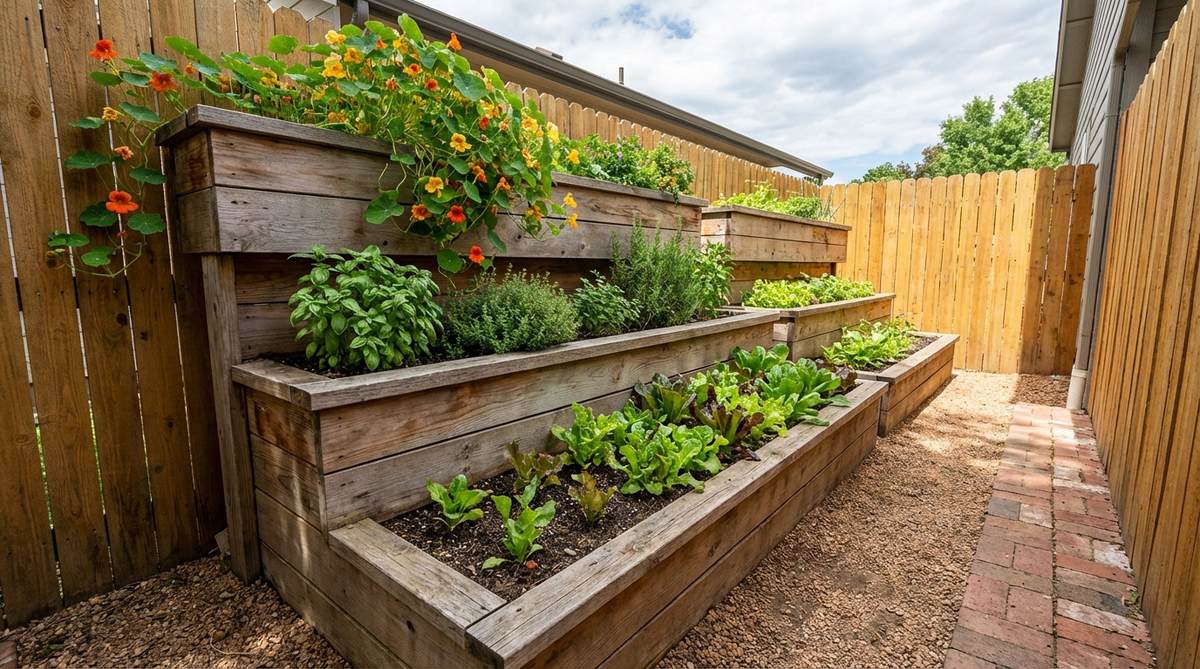 A vertical tiered cascade planter system with three or four stacked beds at descending heights, featuring terraced faces for optimal sun exposure. Upper levels showcase trailing plants like nasturtiums cascading down, while lower tiers are planted with compact herbs and salad greens, ideal for narrow side yards to maximize growing area in a slim depth.