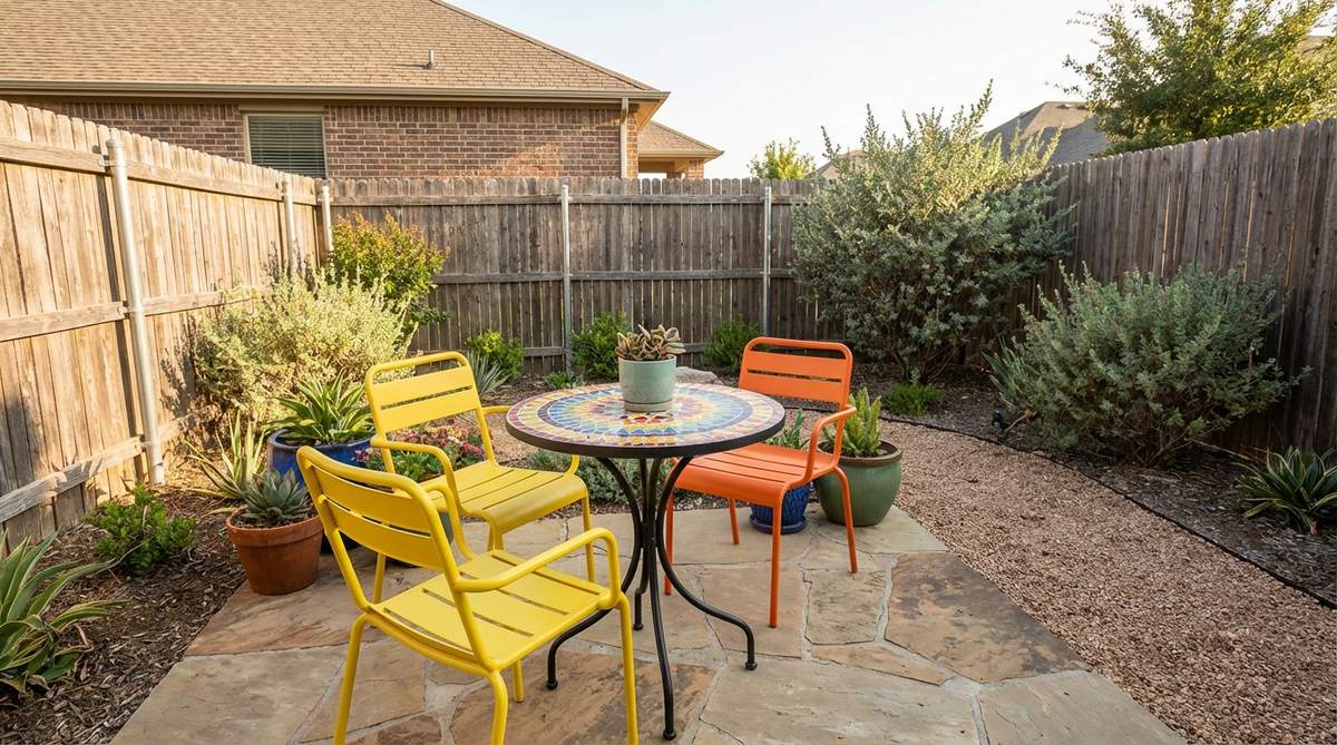 A contemporary garden setting featuring a small mosaic-tiled bistro table with bright, powder-coated chairs in a citrus palette, creating a playful and artistic mood ideal for compact outdoor spaces.