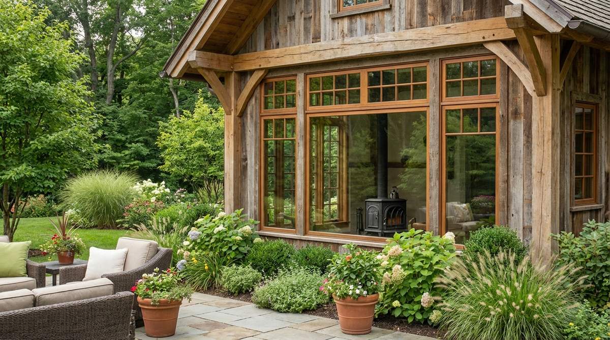A cozy timber frame garden studio featuring exposed hand-hewn beams and traditional mortise-and-tenon joinery, with natural wood surfaces, reclaimed wood siding, and large windows overlooking a garden. Includes a wood stove for year-round use as a three-season retreat.
