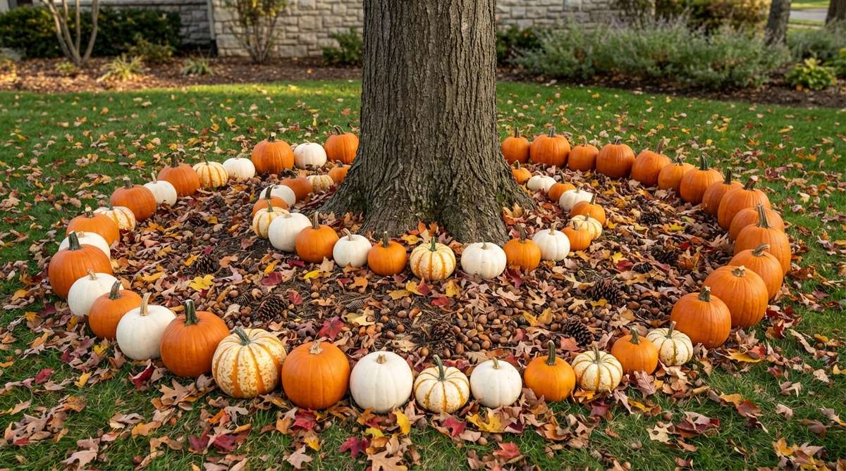 A circular arrangement of pumpkins in graduated sizes around a tree trunk, with autumn leaves, acorns, and pine cones filling the spaces, creating a seasonal focal point for outdoor decor in fall.