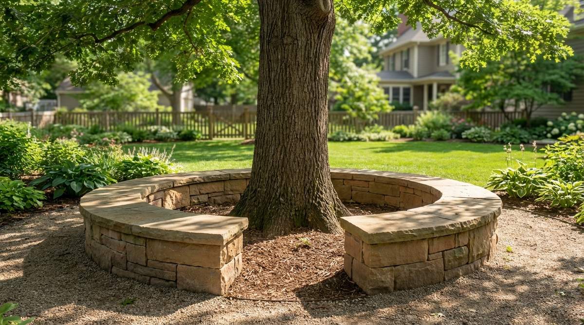 A stone circular bench designed to enclose a mature tree trunk, providing 350-degree seating to maximize shade. The segmented construction allows installation without disturbing the root system, with a gap left for future tree growth, creating democratic seating in a garden setting.