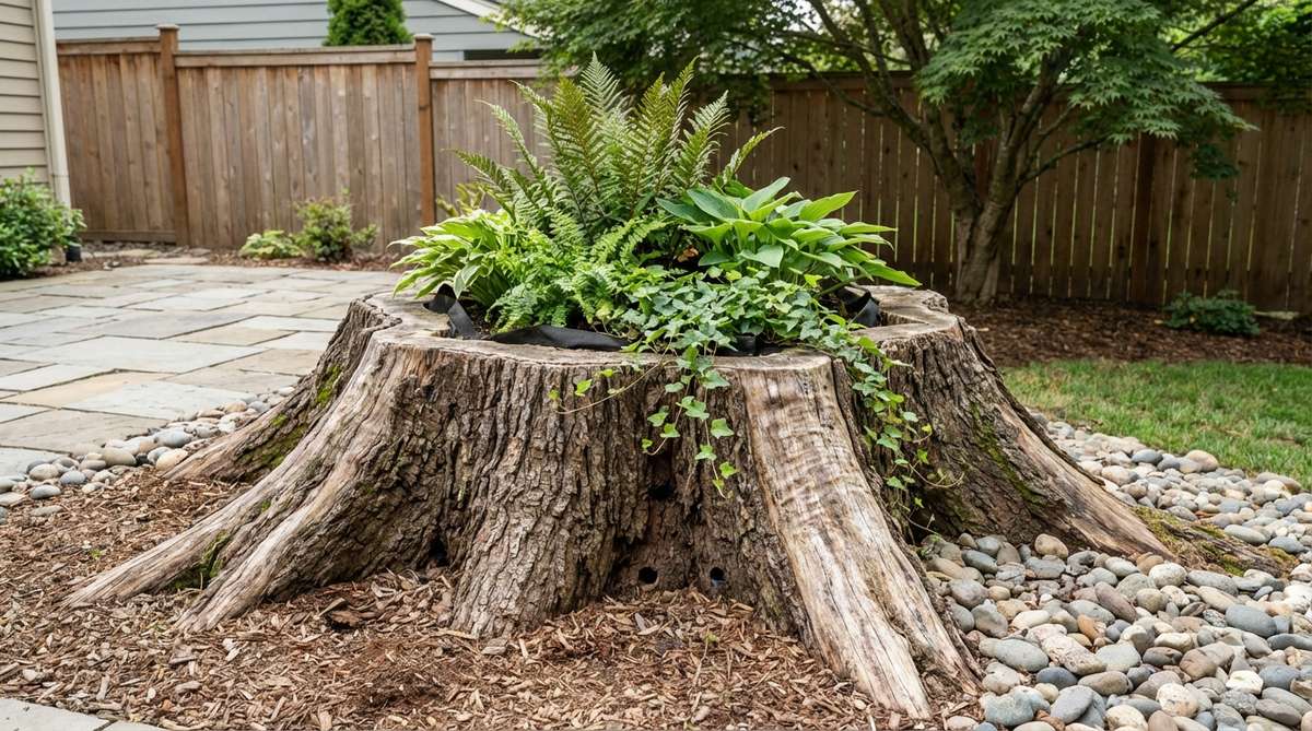 A hollowed tree stump planter with natural bark and root flares, used as rustic garden decor with drainage holes and landscape fabric lining for planting.