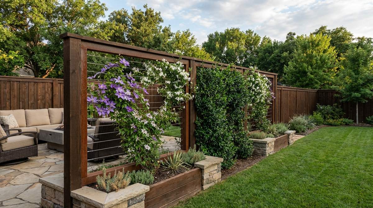 A contemporary garden fence featuring a trellis panel with horizontal wires or wooden lattice, designed to support climbing vines like clematis, jasmine, or passion flower. This structure adds depth to the garden without increasing the footprint, with evergreen climbers providing year-round coverage. The image highlights the practical and aesthetic benefits of using trellis panels to soften hard boundaries in modern garden design.