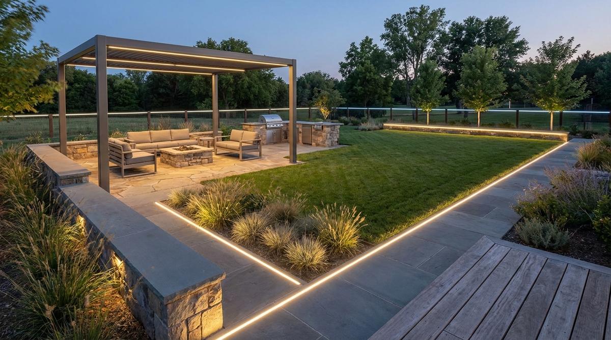 Modern garden lighting with tunable white linear fixtures featuring dual-channel LEDs that adjust color temperature from warm 2700K to cool 5000K. These fixtures provide flexible lighting for different seasons, times of day, and security needs without requiring replacement.