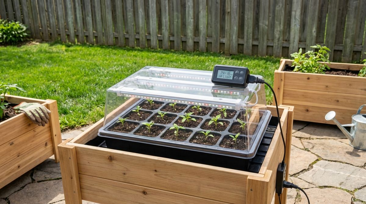 A twelve-cell seed starting kit with programmable LED timer for automated light control in mini garden greenhouses. The timer mimics spring daylight with 14-16 hour photoperiods, ensuring consistent light exposure for healthy seedling development and preventing etiolation.
