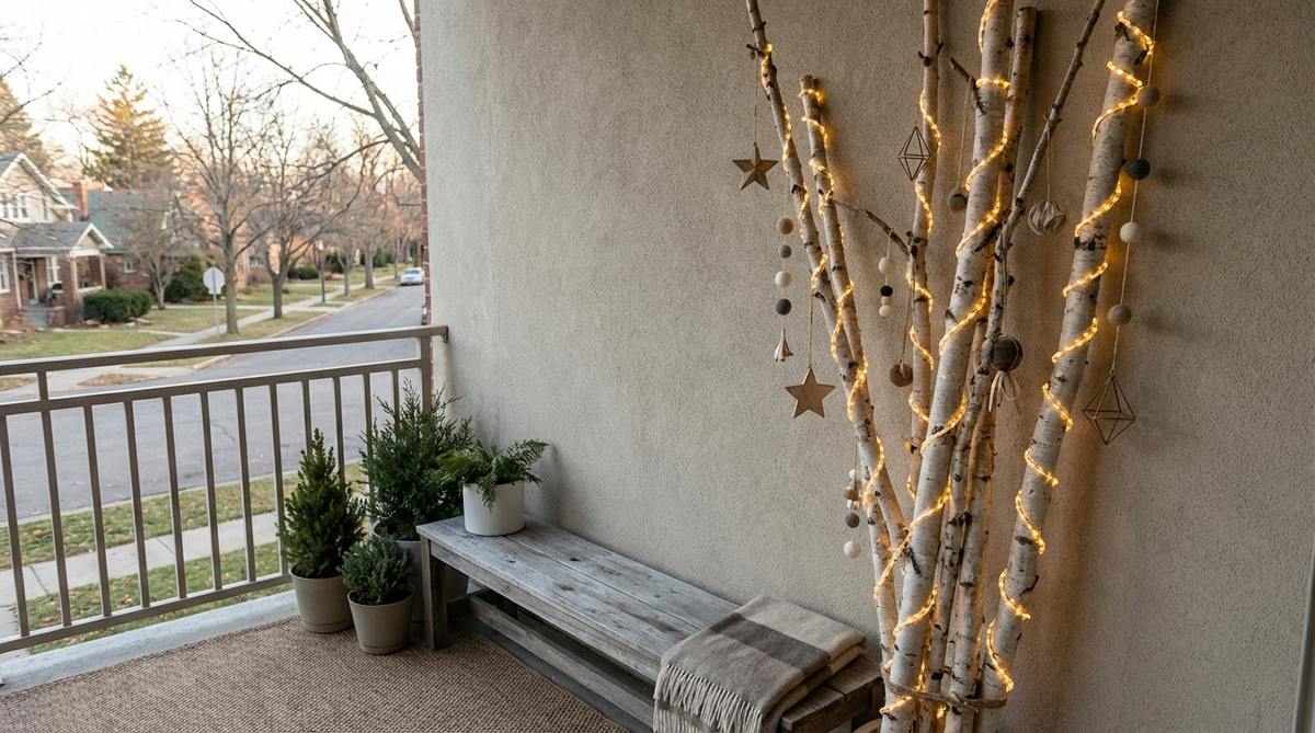 A minimalist Scandinavian-style balcony Christmas decoration featuring tall birch or willow branches bundled vertically against a wall, wrapped with warm white string lights in a spiral pattern from base to tip, and adorned with lightweight ornaments at varied heights to create an architectural tree alternative.