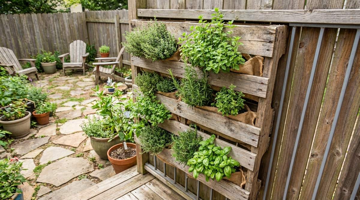 A rustic vertical herb garden created from a reclaimed pallet, featuring pockets of green herbs like thyme and oregano between wooden slats, mounted against a wall or railing to maximize space in a mini garden setting.