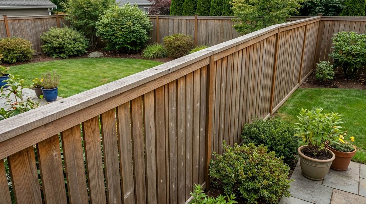 A modern vertical slat fence featuring a horizontal cap rail that protects the top edges, enhances structural stability, and provides a clean, finished architectural look.