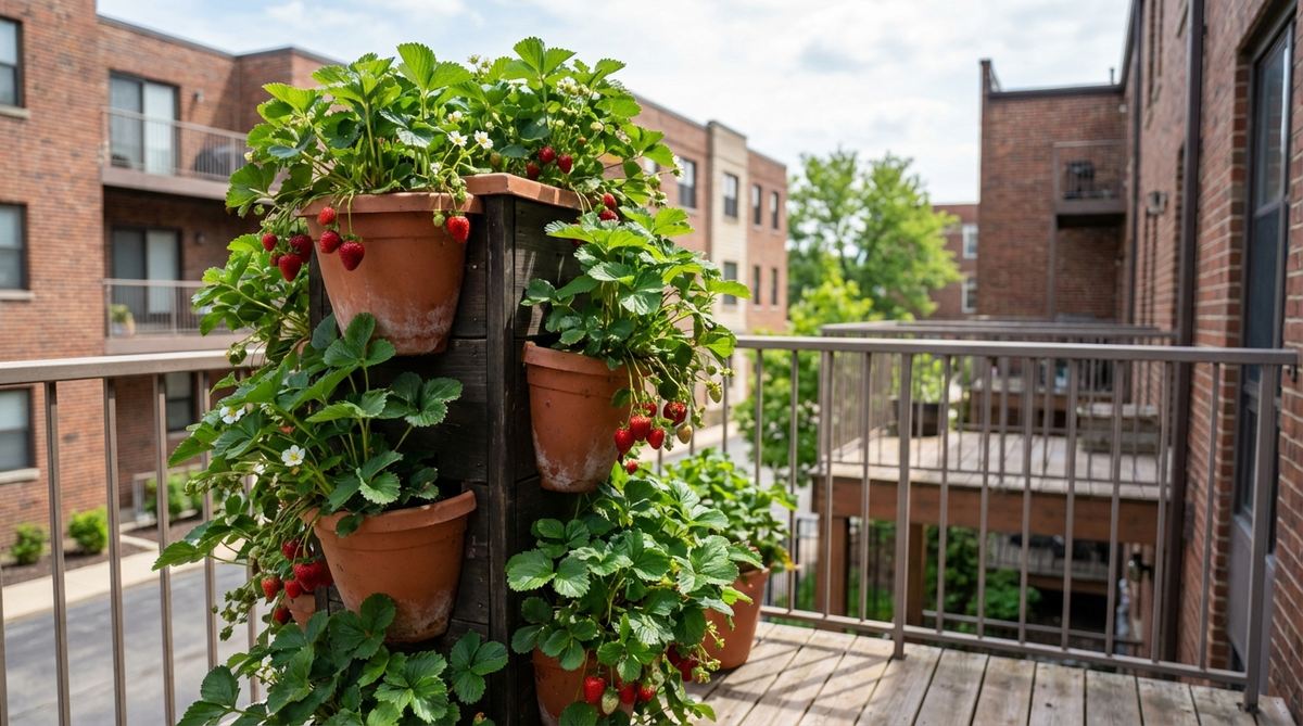 A vertical strawberry tower system designed for urban balcony gardens, featuring stacked planters with offset pockets that accommodate strawberry plants' spreading habit. The compact tower maximizes fruit production in minimal floor space, ideal for growing 20-30 strawberry plants that provide fresh berries from late spring through fall. Perfect for small-space gardening with proper sun exposure and rotation for even ripening.