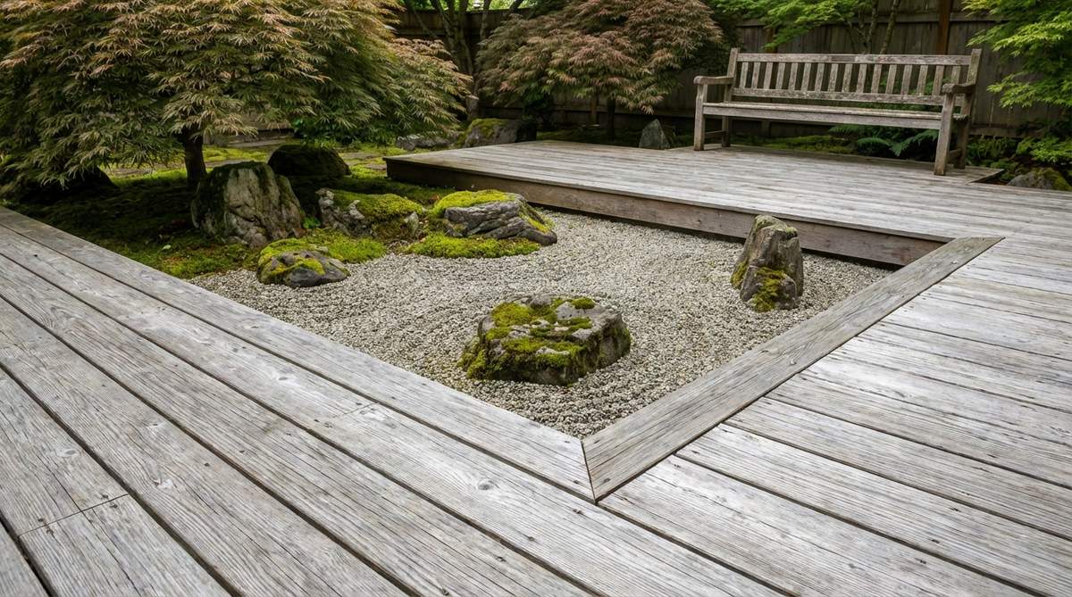 A low wooden deck made of weathered cedar or teak with silver patina, positioned at ground level for optimal viewing of a traditional Zen garden. The platform is oriented to frame the primary stone arrangement, showcasing minimalist design and natural materials.