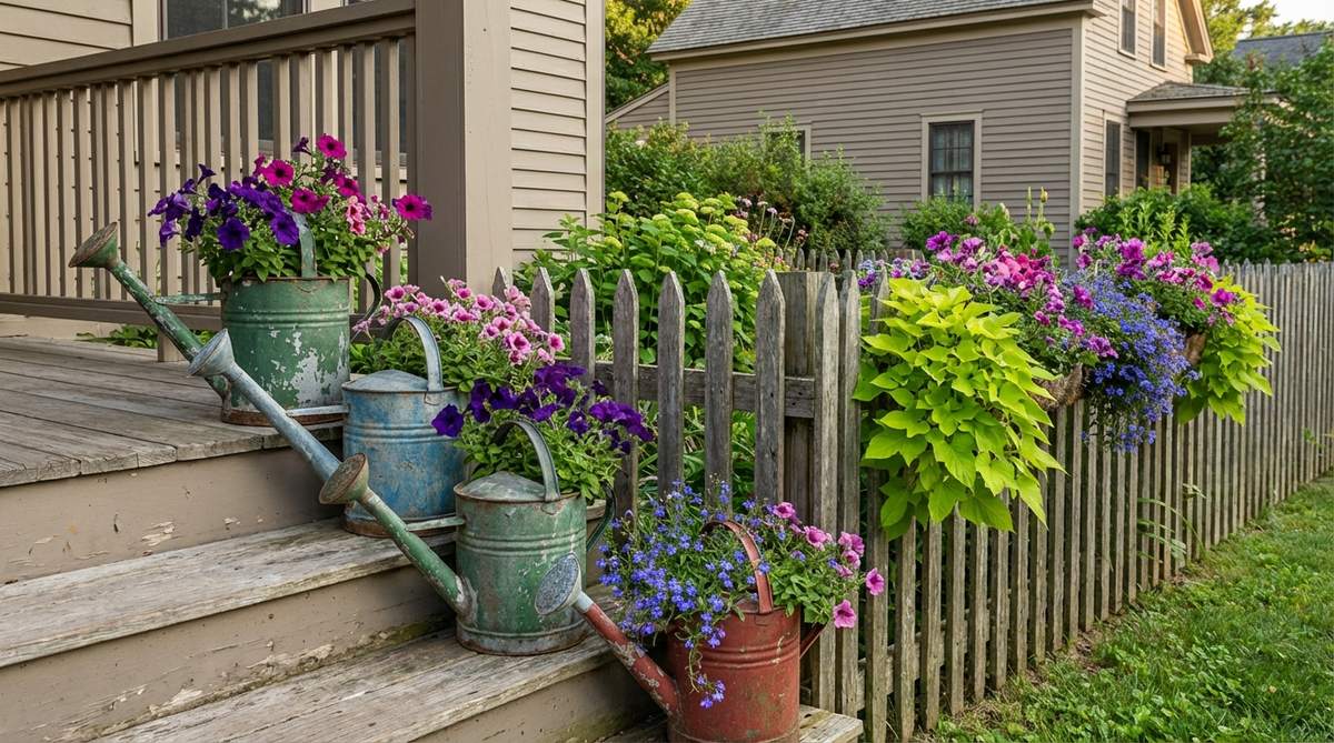 A collection of vintage tin watering cans with peeling paint and dented bodies, repurposed as charming planters for trailing flowers. The cans feature long spouts and arched handles creating sculptural silhouettes, planted with cascading blooms like petunias, trailing verbena, and sweet potato vine. Arranged along porch steps or fence lines at varying heights, they showcase a creative vintage garden decor idea.