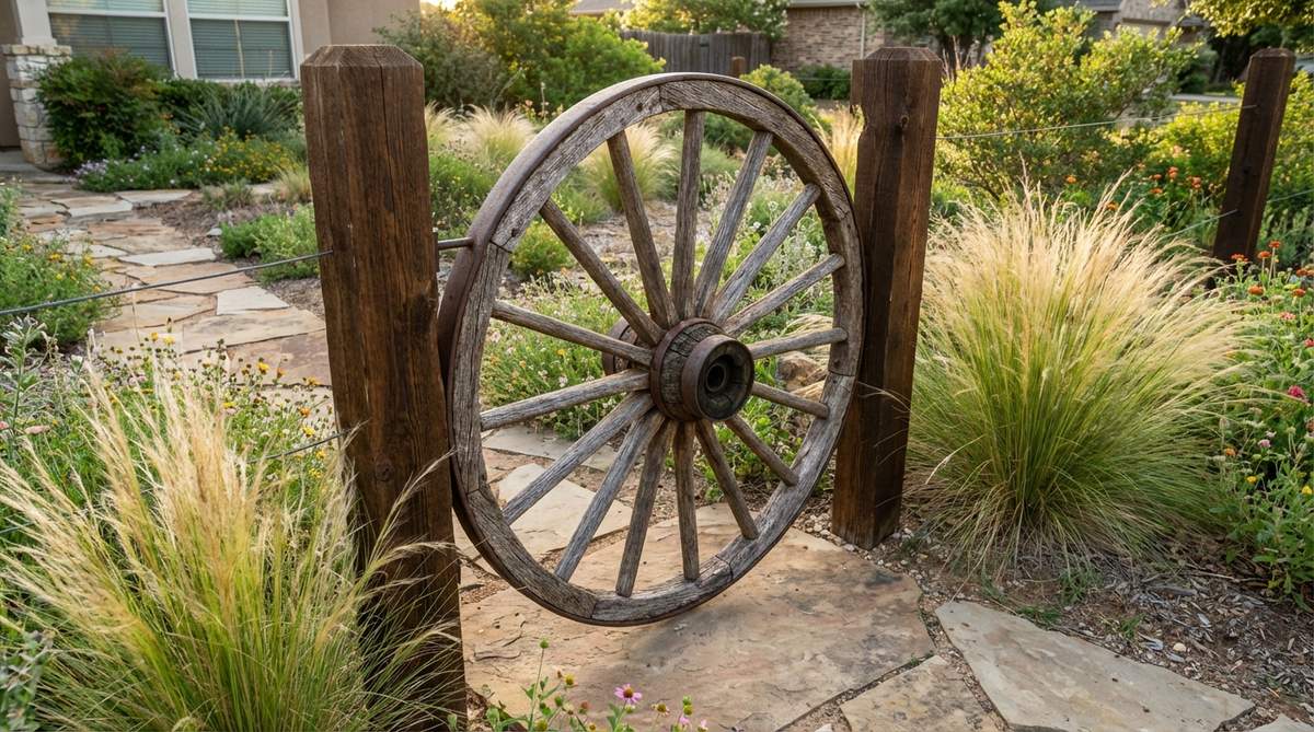 A weathered wooden wagon wheel repurposed as a garden gate, mounted between dark walnut-stained cedar posts and flanked by ornamental grasses like Mexican feather grass. The spoked design creates an open architectural statement perfect for western boho decor.