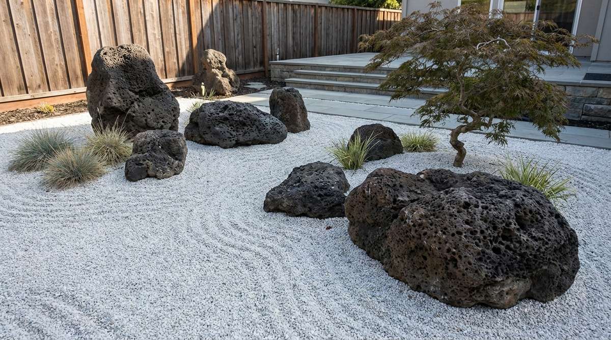 Dark, porous lava stones creating striking contrast against white sand or light-colored gravel, with rough texture and irregular shapes adding visual weight and earthy authenticity to a zen garden design.