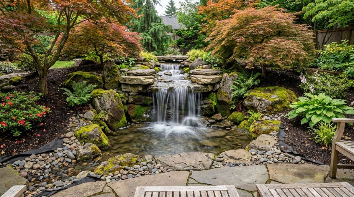 A waterfall in a Japanese garden cascades over flat-topped stones into a catch basin, creating a vertical focal point with mist and sound that cools the microclimate. The waterfall is oriented toward the primary viewing location as a compositional anchor, with underlayment fabric beneath the rocks to prevent soil migration and maintain water clarity.
