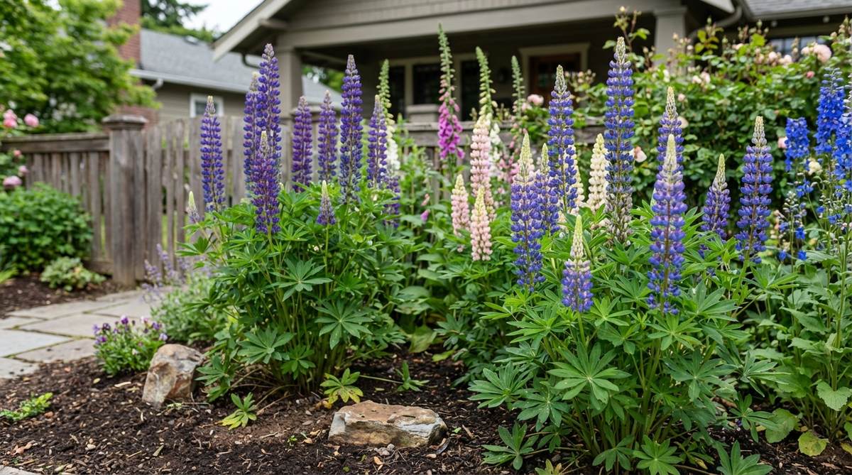 A close-up image of wild lupine plants in a cottage garden, showcasing their dramatic vertical spires with vibrant blue, purple, pink, and white flowers blooming in early summer. The compound leaves add textural interest, and the plants are set against a backdrop of slightly acidic soil, highlighting their drought-resistant taproots. Ideal for illustrating vertical accents and seasonal color in garden design.
