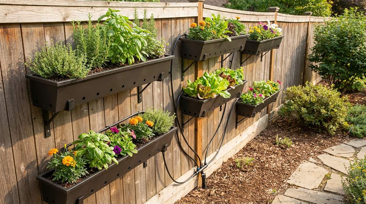 A vertical array of window boxes mounted on a south-facing wall or fence at staggered heights from 2 to 6 feet, spaced 18 inches apart for optimal light exposure and growing room. The setup includes boxes with built-in drainage and mounting brackets, featuring a drip irrigation manifold for automated watering. Ideal for growing herbs, lettuce, and compact flowering plants, this elevated design enhances ergonomics for harvesting and reduces pest pressure.
