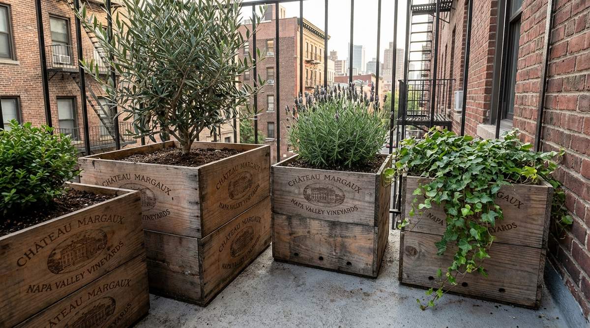 Reclaimed wooden wine boxes used as rustic plant containers on a NYC balcony garden. The 12x12x18 inch crates feature natural wood patina that complements industrial loft aesthetics, with drainage holes drilled in the bottom for proper moisture control. Perfect for single specimen plantings in urban spaces.