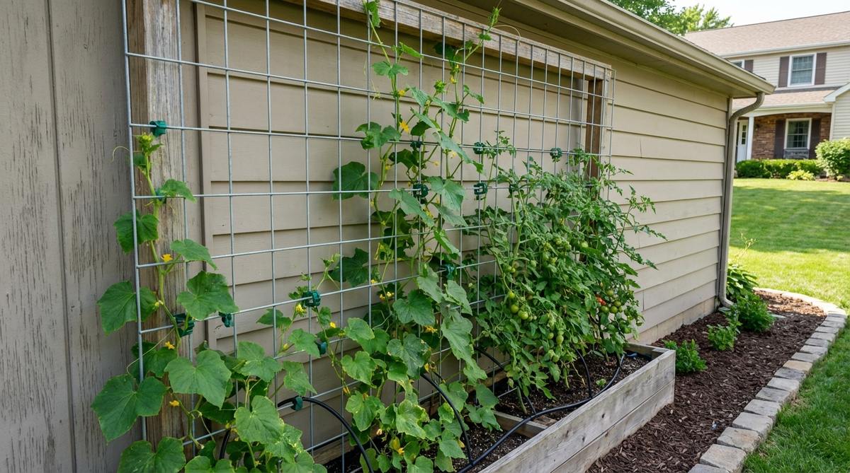 A galvanized wire grid installed on a garage wall, forming a 12-inch pattern for training climbing vegetables like cucumbers and tomatoes, with plant clips and drip irrigation lines visible.