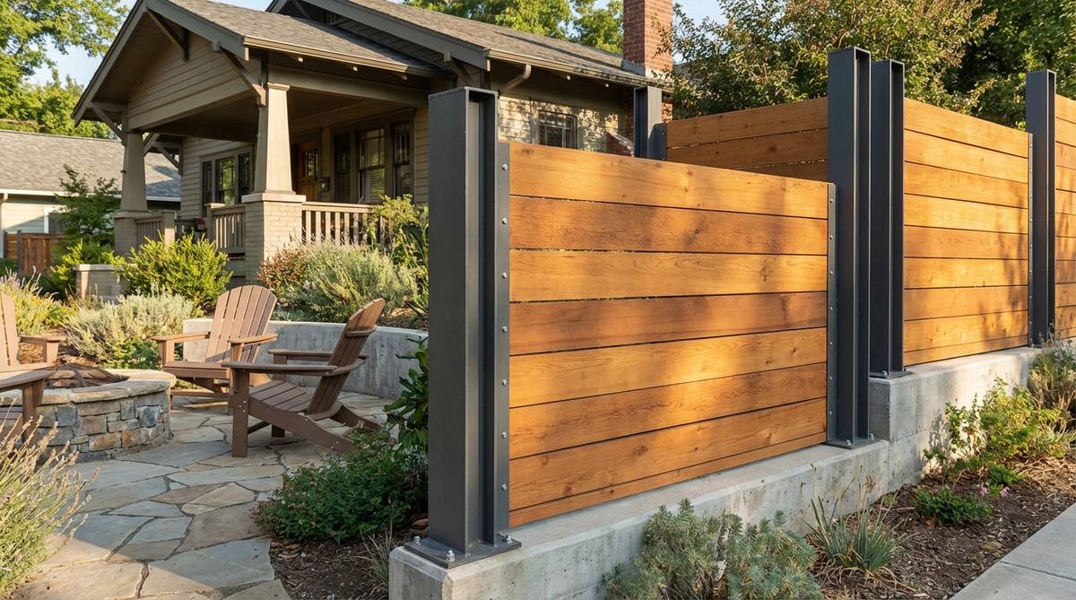 A garden fence featuring warm cedar wood panels framed by sturdy steel posts, blending organic texture with industrial strength. The steel posts provide structural support and anchoring, ideal for high-wind zones, while the wood panels offer privacy and aesthetic warmth. This design suits transitional architecture, bridging modern and traditional styles.