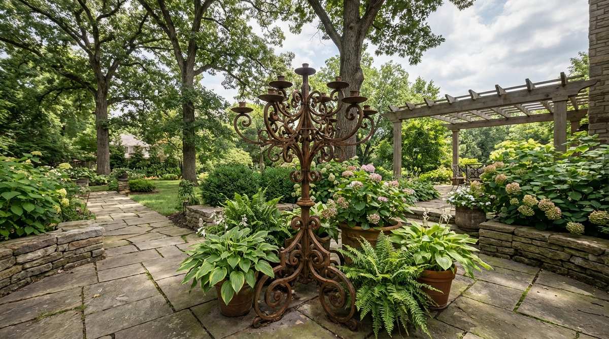 A vintage boho decor piece featuring a wrought iron candelabra with ornate metalwork. This multi-armed candelabra creates a gothic-meets-bohemian atmosphere and can be used as a tabletop or floor-standing garden decoration. The blackened iron shows natural rust and patina that enhance its visual appeal, making it a sculptural focal point even without lit candles.