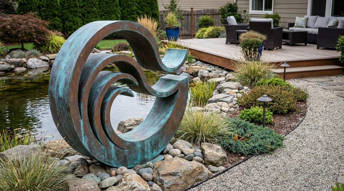 A flowing abstract sculpture with dynamic curves suggesting water movement, crafted from stone or metal with bronze or weathered copper finishes that develop blue-green patinas over time. Perfect for installation near water features or as symbolic water representations in dry zen gardens, these wave forms create visual rhythm and energy in garden compositions.