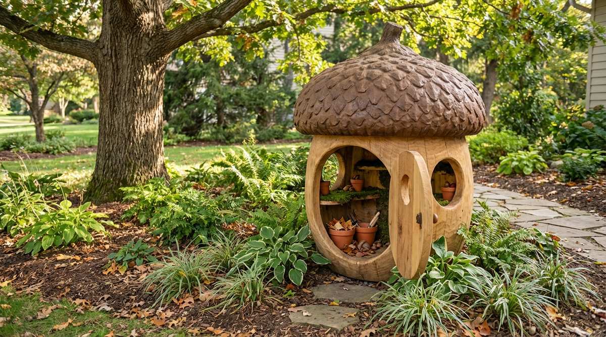 A miniature garden shed designed as an oversized acorn shell with a domed roof and textured cap details for botanical accuracy. Features carved door and window openings in the hollow base that reveal storage space for fairy treasures. Ideal for oak tree-themed gardens, autumn displays, or small container gardens where vertical interest is needed. Natural brown tones coordinate with various planting palettes.