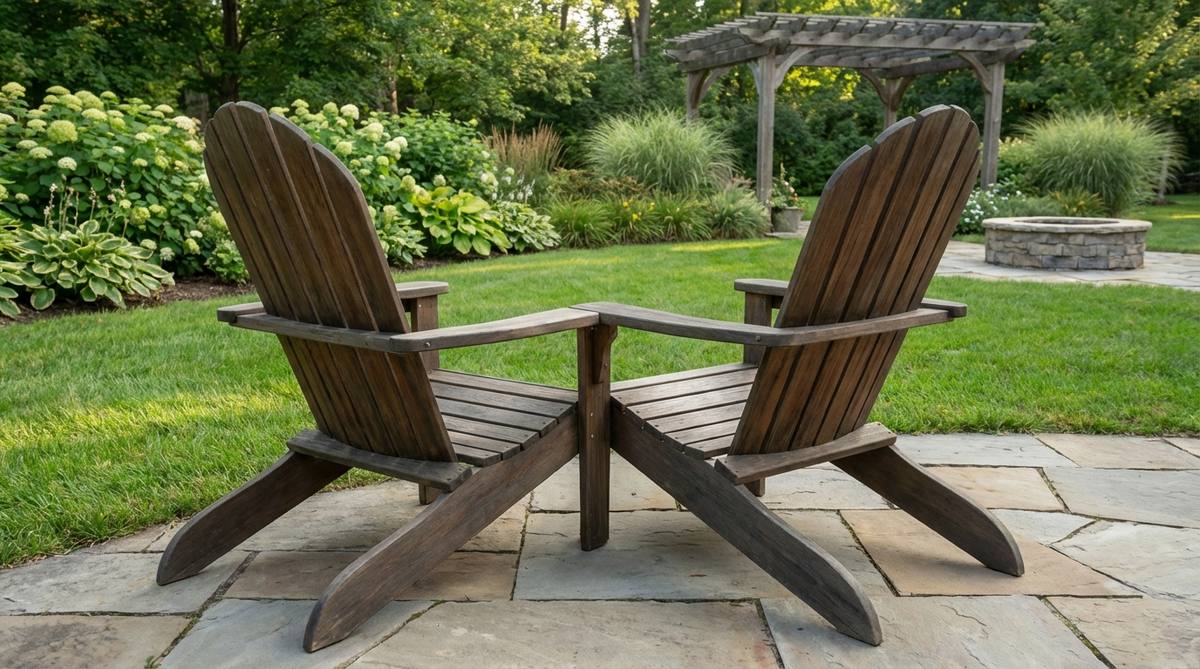 An iconic Adirondack chair with wide armrests, tall angled back, and contoured seat, made from high-density polyethylene or teak for durable, all-weather outdoor relaxation.